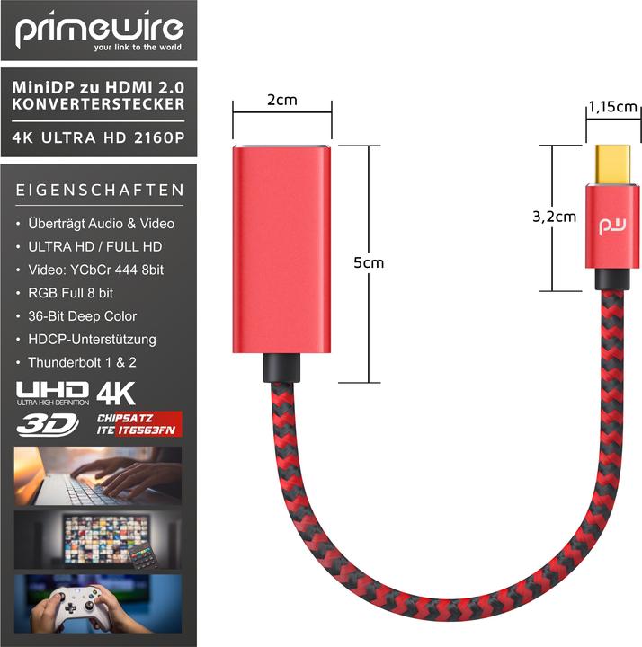 Produktbild Primewire 4K Mini Displayport zu Hdmi 2.0 Adapter, Mini DP Kabel, mDP Adapter, 4K@60Hz, Thunderbolt (0.15 m, HDMI)