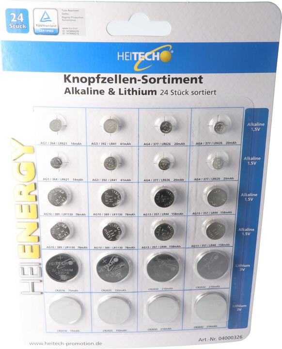 Produktbild Heitech 24 Stück Alkaline und Lithium Knopfzellen Batterien, für viele Anwendungsgebiete, sortiert im Set (24 Stk.)