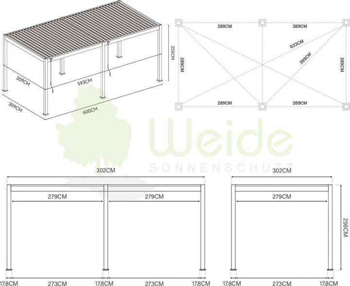 Produktbild Weide Deluxe | Voll-Alu Pavillon | 3 x 6 M | Lamellendach anthrazit | Pergola freistehend (600 cm, 255 cm)