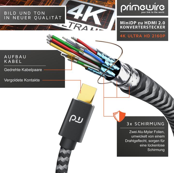 Produktbild Primewire 4K Mini Displayport zu Hdmi 2.0 Adapter, Mini DP Kabel, mDP Adapter, 4K@60Hz, Thunderbolt (0.15 m, HDMI)