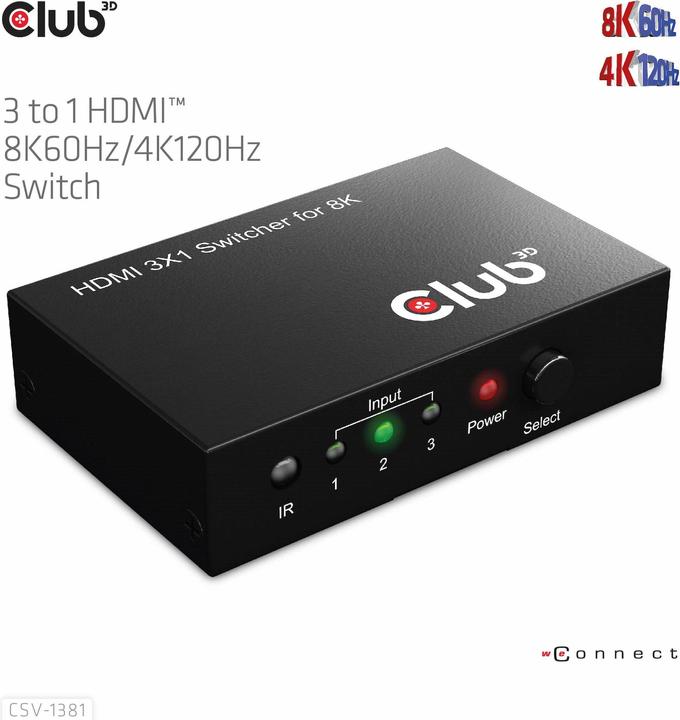 Actual product image Club 3D Club3D HDMI Switchbox 3 inputs -> 1 output 8K60Hz UHD retail