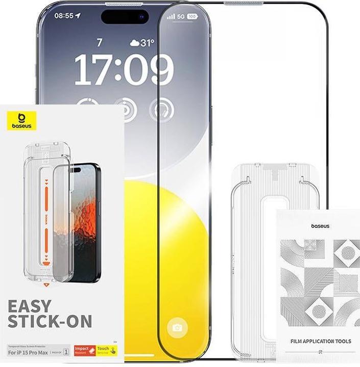 Actual product image Baseus Sapphire Tempered Glass 0.3mm for iPhone 15 ProMax (1 Piece, Apple iPhone 15 Pro Max)