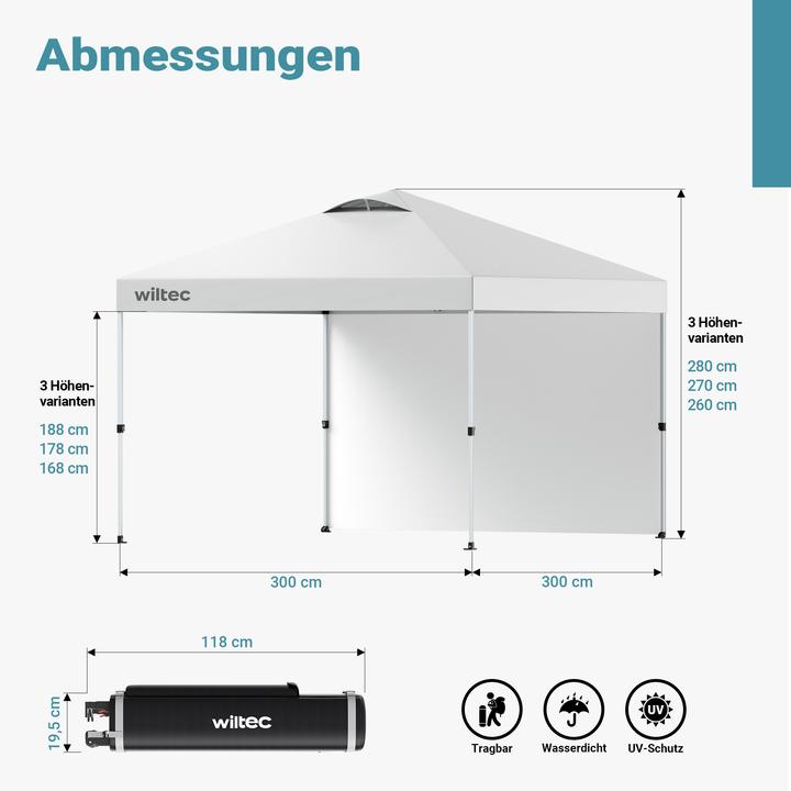 Produktbild Wiltec Pop up Pavillon 3x3m weiss Seitenteil Räder Gartenpavillon Faltpavillon (300 cm, 300 cm)