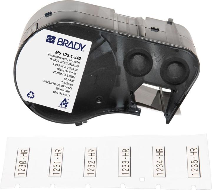 Actual product image Brady M5-125-1-342, Permasleeve, heat-shrinkable polyolefin, black on white, 25.40 x 6.00 mm