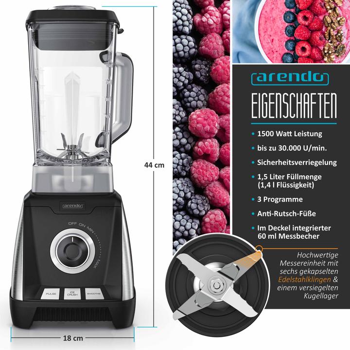 Immagine prodotto Arendo Miscelatore a colonna con vasca da 1,5 litri 30.000 giri/min / lame in acciaio inox (Spina UE, 1500 W)