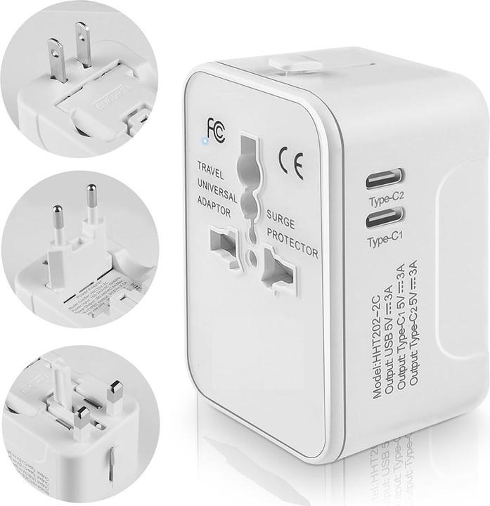 Productafbeelding Techsuit - Travel Adapter (HHT202-2C) - 2 x USB-C, EU, UK, AUS, US - White