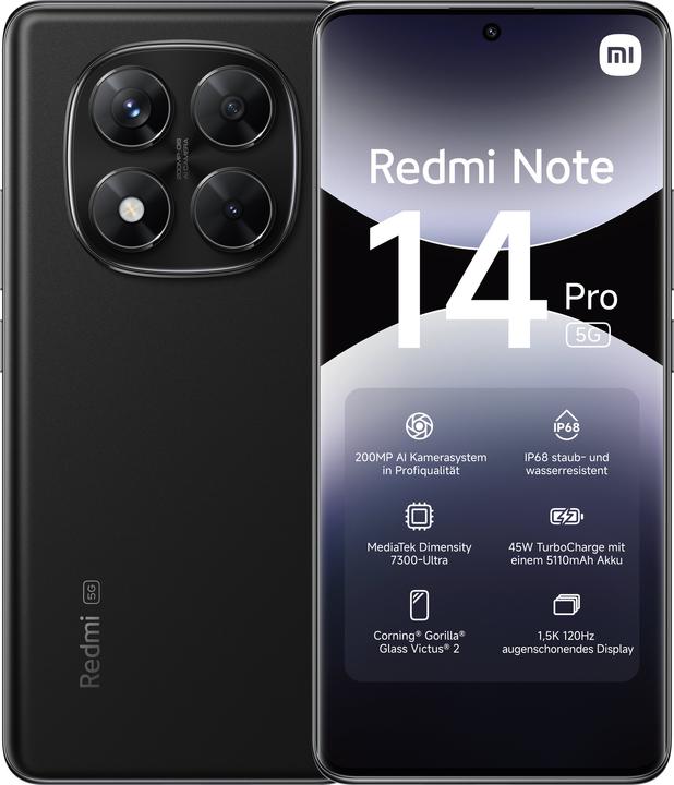 Productafbeelding Xiaomi Redmi Note 14 Pro 5G (256 GB, Middernachtelijk zwart, 6.67", Dubbele SIM, 200 Mpx, 5G)