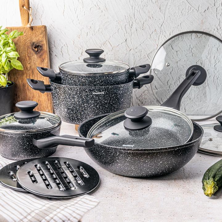 Actual product image Klausberg Aluminium cooking set, 5 pans incl. glass lid with 2 trivets (Pan set + pot set, Aluminium)