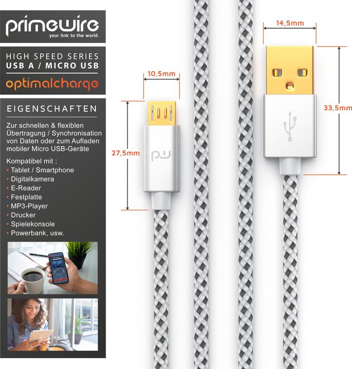 Immagine prodotto Primewire Cavo Micro USB - Cavo di ricarica rapida MicroUSB 2.4A, nylon, spina in metallo, cavo di ricarica (3 m, USB 2.0)