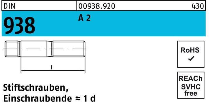 Immagine prodotto Bullone DIN 938 M 20 x 50 A 2 (10 Viti per pezzo)