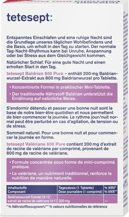 Nährwerte und Zutaten Tetesept Baldrian 800 Pure Tabletten (5 Stück, Tabletten, 27 g)