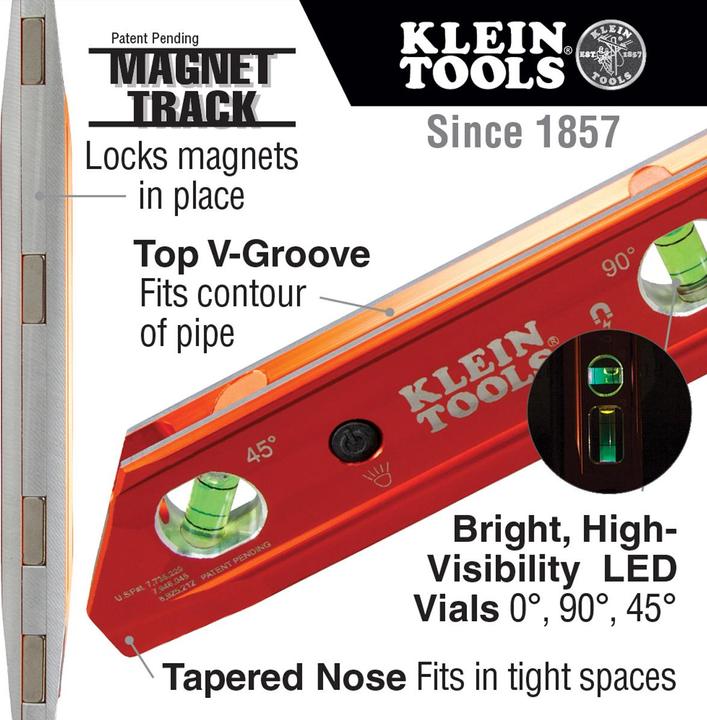 Image du produit Klein Tools 935RBLT Niveau à bulle lumineux Torpedo Billet (30 cm)