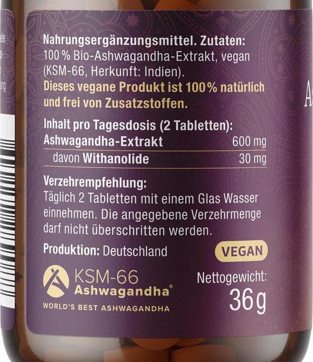 Nährwerte und Zutaten Effective Nature Bio Ashwagandha Extrakt KSM-66 (120 Stück, Tabletten, 36 g)