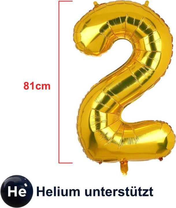 Produktbild Hermex Folienballon Zahl 2 Zahlenballon Luftballon Heliumballon Golden 81cm