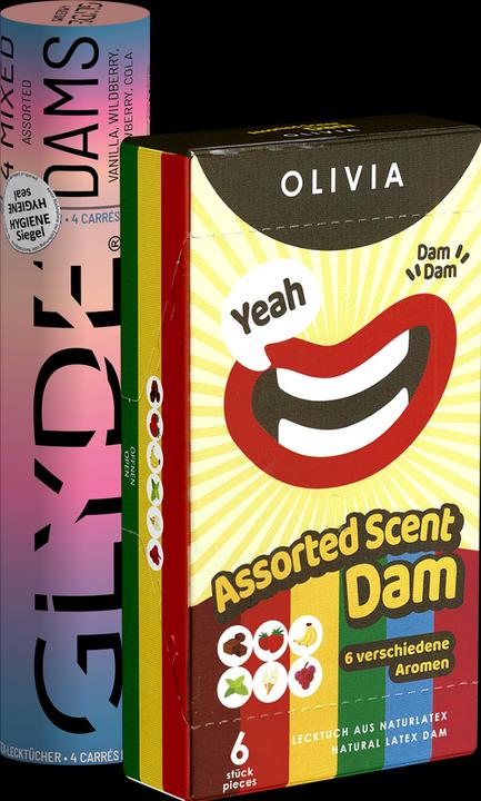 Produktbild Kondomotheke Dams-Doppel - 2x bunte Lecktücher mit Geschmack, Sheer Glyde & Olivia Mix (10 Stk.)