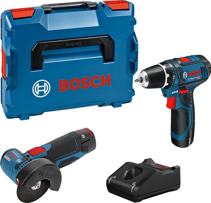 Produktbild Bosch Professional Combo Kit Set mit 2 12V-Werkzeugen: GSR 12V-15/GWS 12V-76, 2x Akku GBA 12V 2.0Ah