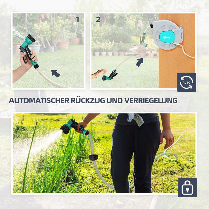 Actual product image Swisshandel24 Schlauchtrommel mit Gartenschlauch 25m, Wandmontage, automatische Aufrollung, Handbrause, Grün+Grau (25 m)