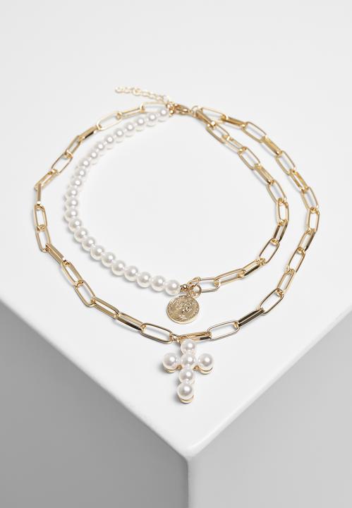 Produktbild Urban Classics Pearl Cross Layering Necklace (Array, 40% Zink Legierung, ABS, Oberstoff 1: 60% Thermoplastisches Polyurethan)