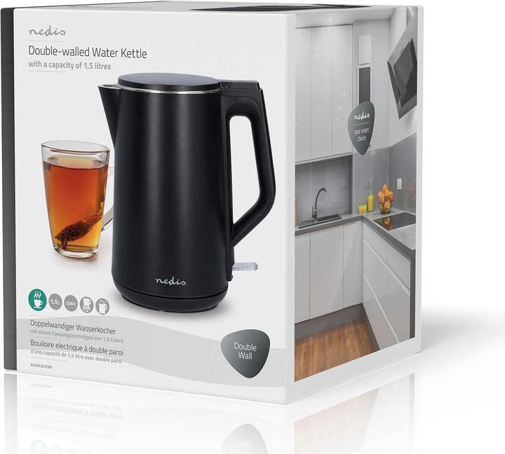 Produktbild Nedis Wasserkocher | 1.5 l | Plastik | Schwarz | Um 360 Grad drehbar | Verdecktes Heizelement | Stri (1.50 l)