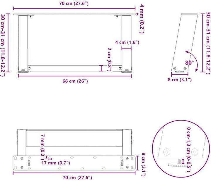 Actual product image VidaXL Coffee table legs U-shape 2 pcs. black 70x(30-31) cm steel table leg