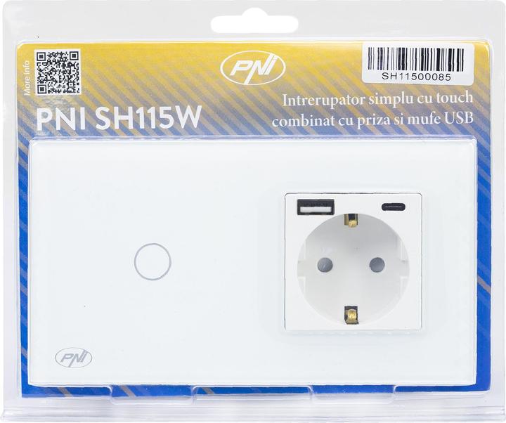 Actual product image PNI SH115W simple glass switch with touch, combined with Schuko socket outlet and USB plugs