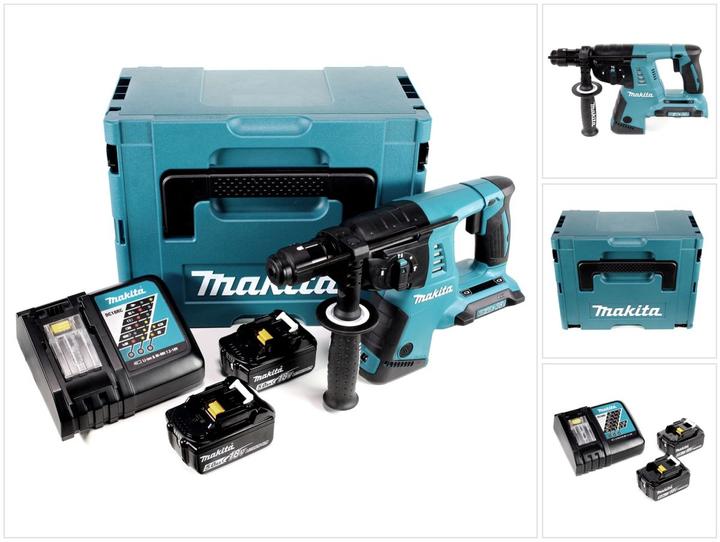 1x Makita DHR 264 2 x 18 V, 36 V Li-Ion SDS Plus Akku-Bohrhammer, 2x Makita BL 1850 B 18 V 5,0 Ah Li-Ion Akku, 1x Makita DC 18 RC Ladegerät, 1x Makita Makpac Grösse 4 mit passender Einlage, 1x SDS-PLUS Schnellspannfutter