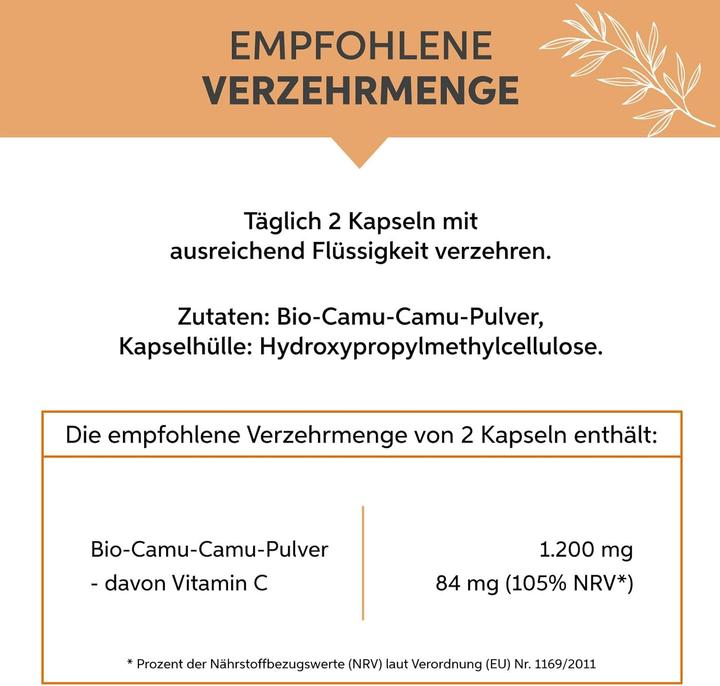 Nährwerte und Zutaten Eltabia Bio Camu Camu Kapseln | Hochdosiert 84mg Tagesdosis | 100% natürliches Vitamin C (100 Stück, Kapseln)