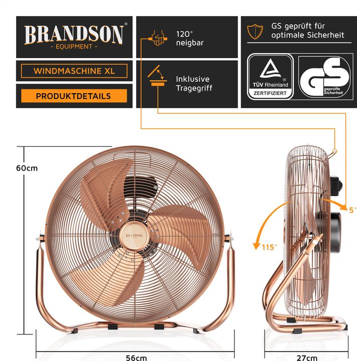 Produktbild Brandson Windmaschine 53,5 cm Ø, Retro Bodenventilator 200W neigbar, Tragegriff, hoher Luftdurchsatz, Kupfer (67 dB)