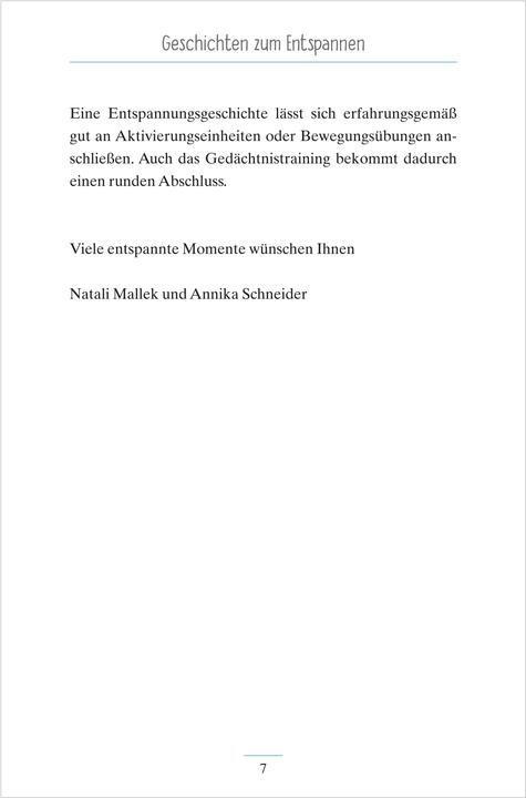 Actual product image Geschichten zum Entspannen. Kurze Erzählungen für Senioren. Auch mit Demenz. Ratgeber (German, Natali Mallek, Annika Schneider, 2019)