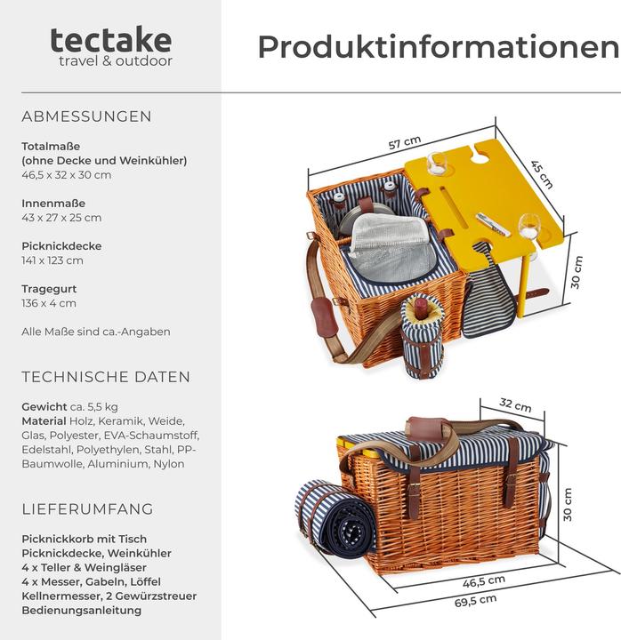 Produktbild tectake Picknickkorb Rügen für 4 Personen, mit Kühlfach & Zubehör