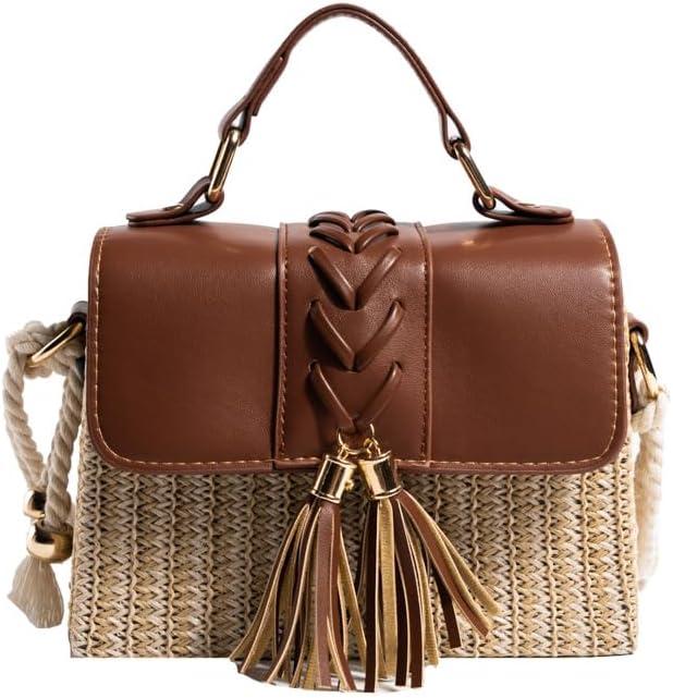 Produktbild Only-Bags.Store Quaste Dekor Stroh gewebt Handtaschen, Mini Rope Strap Crossbody Strandtasche, Frauen Top Handle