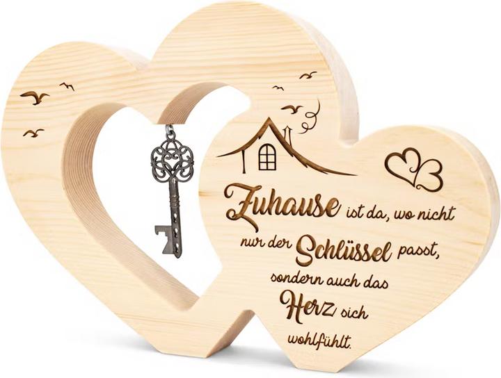 Immagine prodotto ZNatur Decorazione regalo in legno di pino svizzero con cuore galleggiante con chiave e incisione Home (20 x 30 x 3,5 cm)