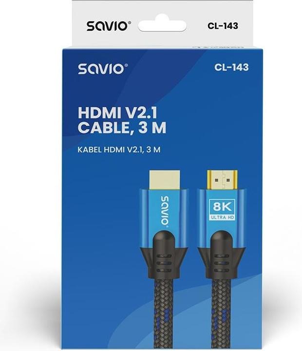 Actual product image Savio HDMI cable (M) v2.1, 3 m, 8K, copper, blue black, gold end, ethernet/3D, CL-143 (3 m, HDMI)
