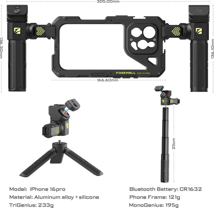Actual product image Freewell iPhone 16 Pro Genius Rig iPhone 16 Pro Genius Rig Cage, Tripod and Monopod Handles, Bluetooth Remote