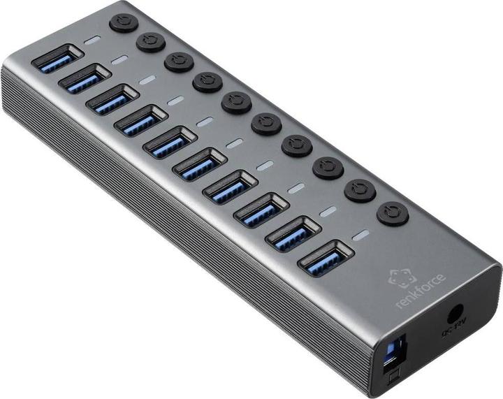 Productafbeelding Renkforce 10-poorts USB 3.2 Gen 1 switch + hub (USB 3.0) met aluminium behuizing zilver-zwart (USB-A, 10 Havens)