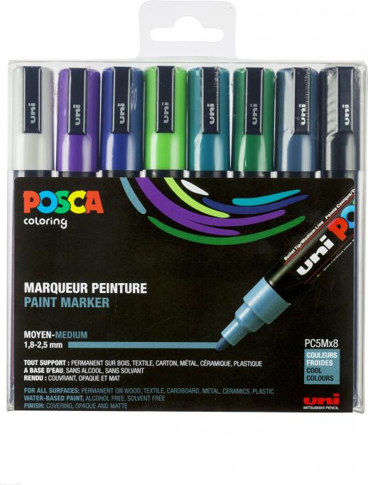 Immagine prodotto Posca Marchio PC-5M (Verde smeraldo, Blu scuro, Verde scuro, Bianco, Verde mela, Viola, Grigio ardesia, Nero, 2.50 mm, 8 x)
