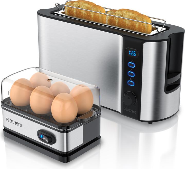 Arendo Breakfast set, 2-slice long slot toaster with bread roll top & egg cooker for 6 eggs, silver