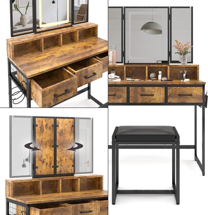 Actual product image Vichy Dressing table Fyrk, Rustic oak, 90 cm with stool and LED mirror