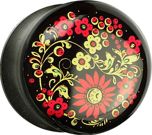 Actual product image Star Piercing Ebony flared plug with printed flowers and protective epoxy coating (Organic, without brass)