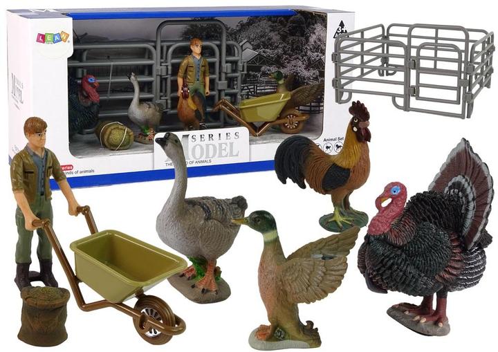 Produktbild Lean Toys Grosse Nutztiere Bild eines Bauern mit 11 PCs mit Schubkarren und einem Bauernhof