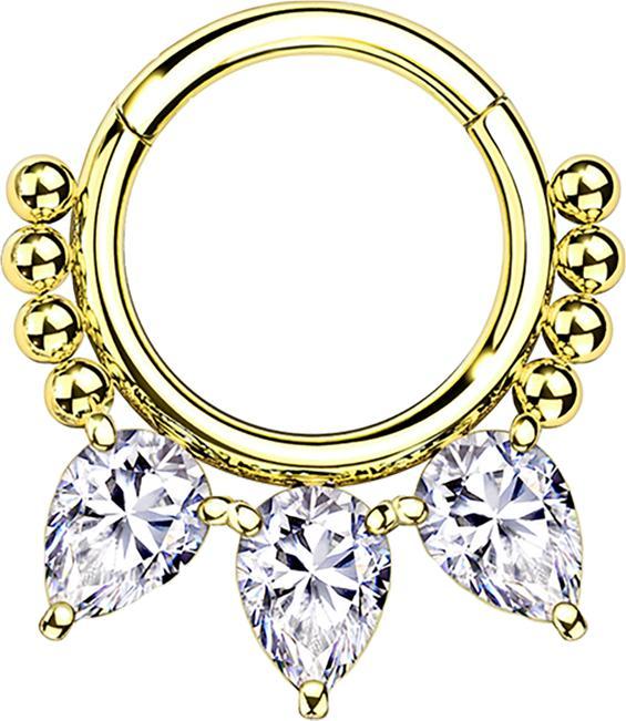 Produktbild Star Piercing Micro Segmentring klappbar vergoldet Kugeln und drei tropfen Kristalle (Chirurgenstahl 316L, ohne Messing)