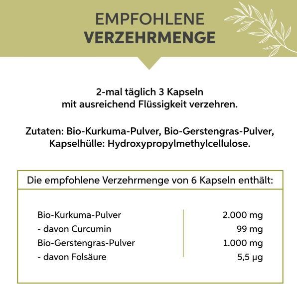Valori nutrizionali e ingredienti Eltabia Curcuma biologica erba d'orzo capsule 100 (100 Pezzo/i, Pillole)