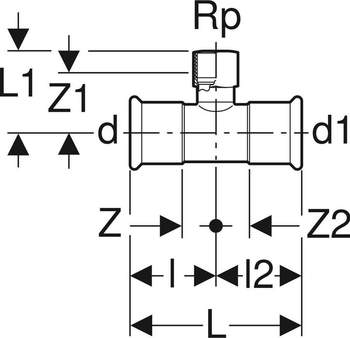 Produktbild Geberit Geb. Mapress FZ T-Stück 42x1/2 - Mapress FZ T-Stück Innengewinde d42mm Rp1/2 d1=42mm