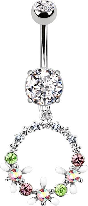 Produktbild Star Piercing Banane silber mit Anhänger Kreis mit Kristallen und Blumen (Chirurgenstahl 316L, Messing)