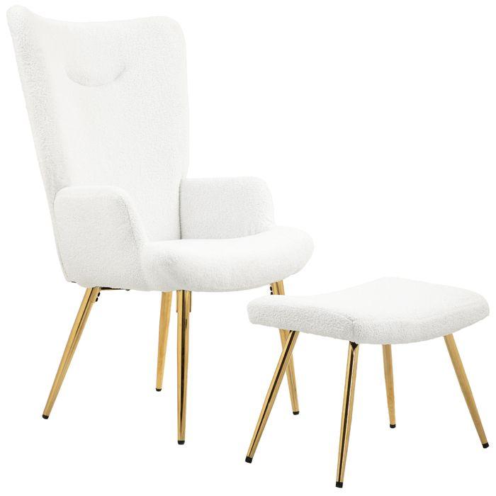 Immagine prodotto Swisshandel24 Ohrensessel mit Hocker, Sessel mit Sherpa-Bezug, Hohe Rückenlehne, Weiss