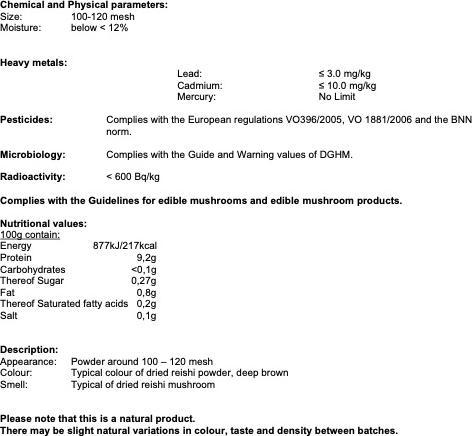 Nutritional values and ingredients Zimmerli Adaptogene Reishi powder (BIO) (1 Piece, Powder, 100 g)