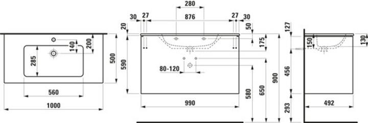 Immagine prodotto Laufen Pro S Set Base 1000, lavabo, 1 foro per rubinetto, troppopieno, incluso mobiletto, 2 cassetti