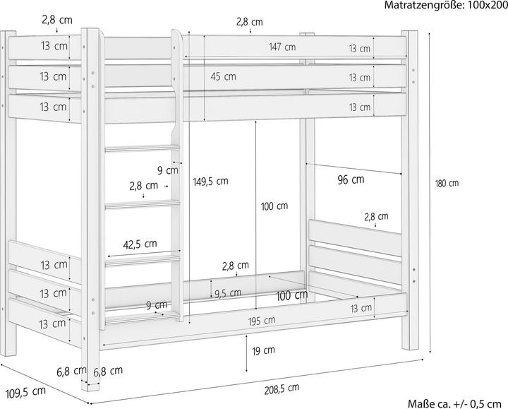 Nährwerte und Zutaten Erst-Holz Etagenbett extra stabil Kiefer 100x200 Stockbett Nische 100 Rollroste Bettkästen 60.16-10S2 (100 x 200 cm)