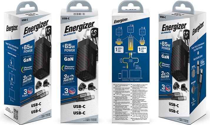 Immagine prodotto Energizer Caricabatterie Power Delivery - 65 W - UE/UK/US incluso cavo USB-C a USB-C (65 W)