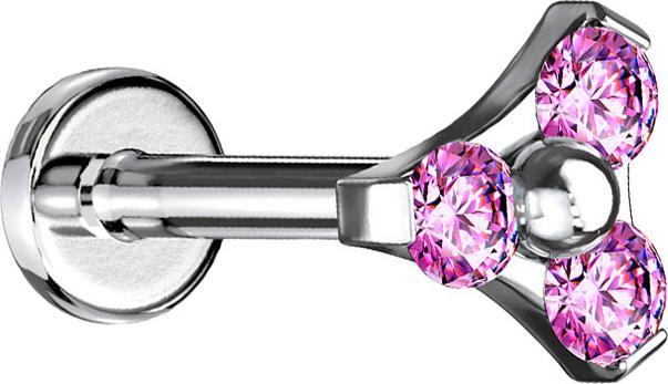 Produktbild Star Piercing Micro Labret Innengewinde silber Dreieck drei Kristalle pink (Chirurgenstahl 316L, ohne Messing)